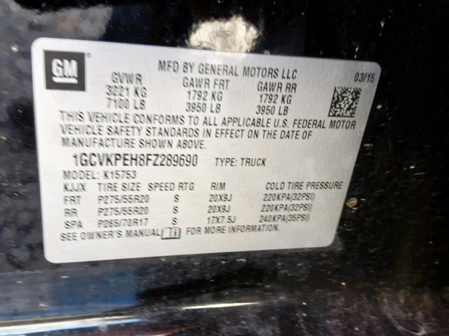 1GCVKPEH8FZ289690 - 2015 CHEVROLET SILVERADO BLACK photo 10