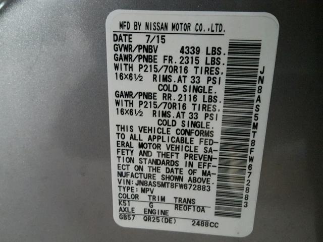 JN8AS5MT8FW672883 - 2015 NISSAN ROGUE SELE GRAY photo 10