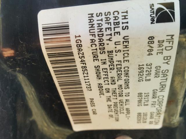 1G8AZ54F85Z111737 - 2005 SATURN ION LEVEL BLACK photo 10