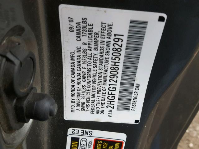 2HGFG12908H508291 - 2008 HONDA CIVIC EXL GRAY photo 10