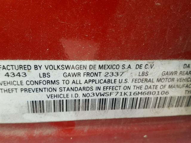 3VWSF71K16M680106 - 2006 VOLKSWAGEN JETTA 2.5 RED photo 10