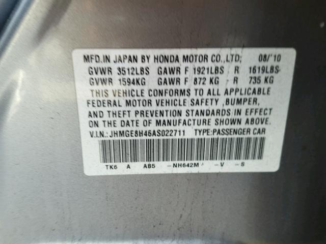 JHMGE8H46AS022711 - 2010 HONDA FIT SPORT GRAY photo 10