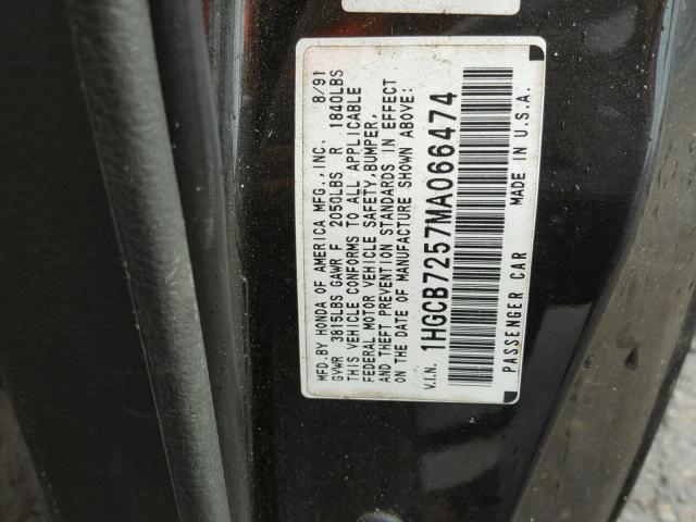 1HGLB7257MA066474 - 1991 HONDA ACCORD BLACK photo 10