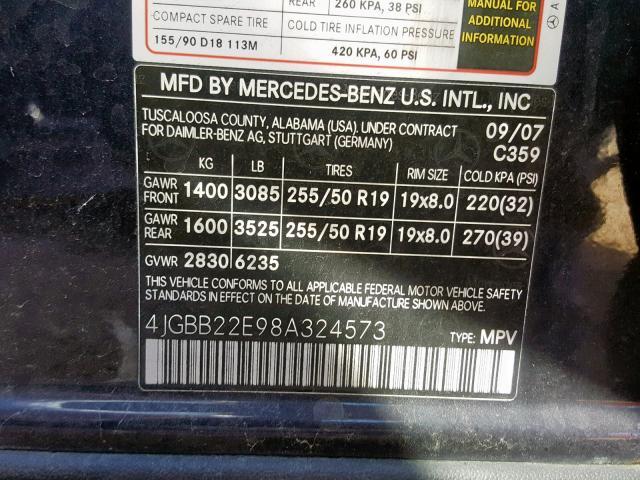 4JGBB22E98A324573 - 2008 MERCEDES-BENZ ML 320 CDI BLUE photo 10