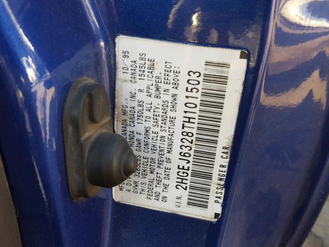 2HGEJ6328TH101503 - 1996 HONDA CIVIC CX BLUE photo 10