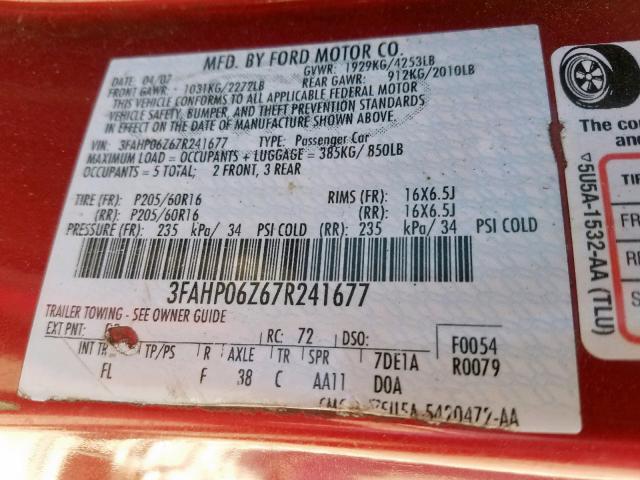 3FAHP06Z67R241677 - 2007 FORD FUSION S RED photo 10