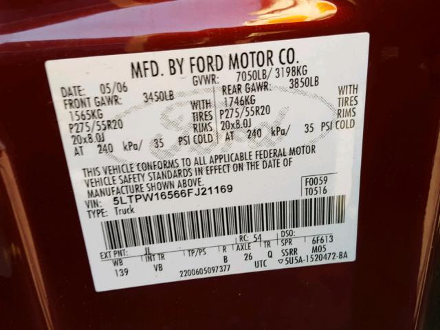 5LTPW16566FJ21169 - 2006 LINCOLN MARK LT RED photo 10