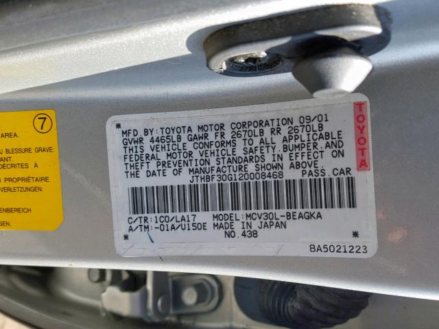 JTHBF30G120008468 - 2002 LEXUS ES 300 SILVER photo 10