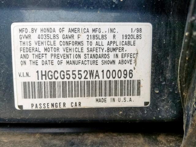 1HGCG5552WA100096 - 1998 HONDA ACCORD EX GRAY photo 10