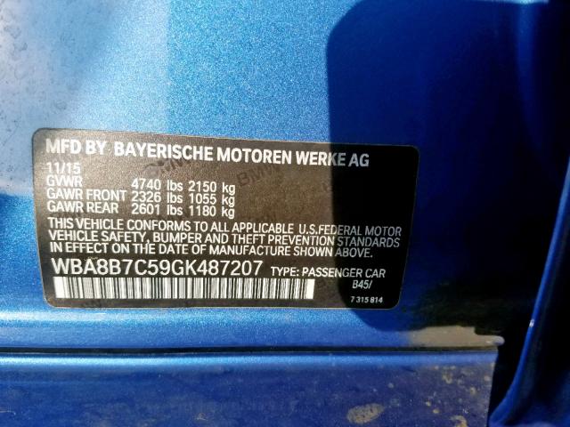 WBA8B7C59GK487207 - 2016 BMW 340 XI BLUE photo 10