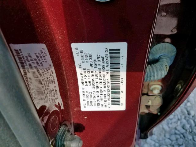 1HGCR3F80FA023297 - 2015 HONDA ACCORD EXL MAROON photo 10