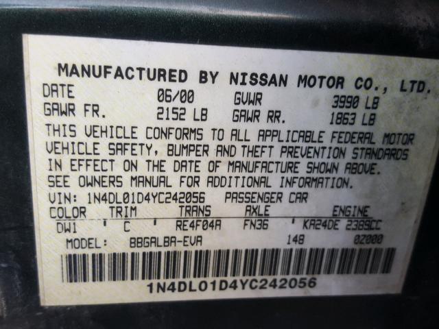 1N4DL01D4YC242056 - 2000 NISSAN ALTIMA XE GREEN photo 10