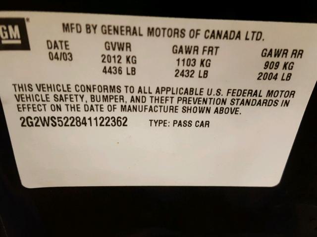 2G2WS522841122362 - 2004 PONTIAC GRAND PRIX BLACK photo 10