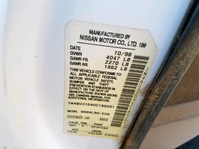 1N4BU31D4VC189201 - 1997 NISSAN ALTIMA XE WHITE photo 10