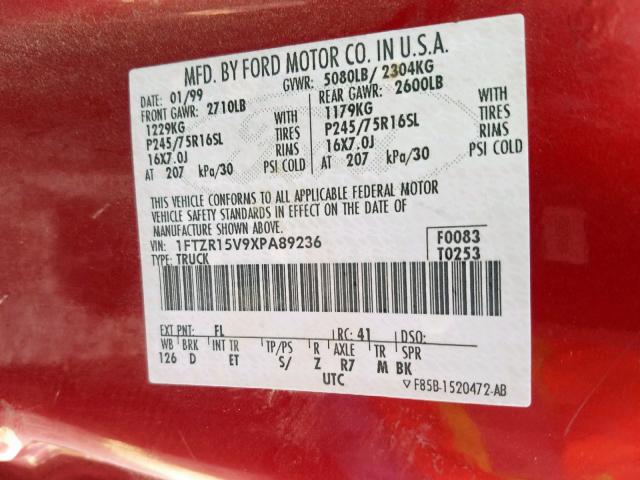 1FTZR15V9XPA89236 - 1999 FORD RANGER SUP RED photo 10