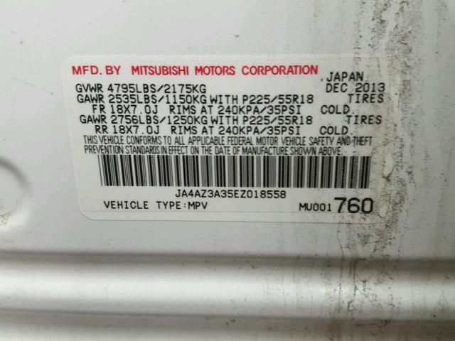 JA4AZ3A35EZ018558 - 2014 MITSUBISHI OUTLANDER WHITE photo 10