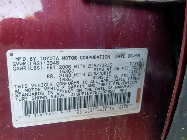 JT3HP10V7W7102920 - 1998 TOYOTA RAV4 RED photo 10