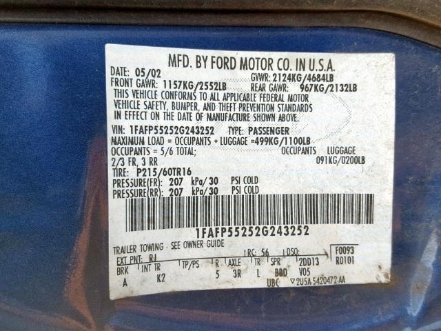 1FAFP55252G243252 - 2002 FORD TAURUS SES BLUE photo 10