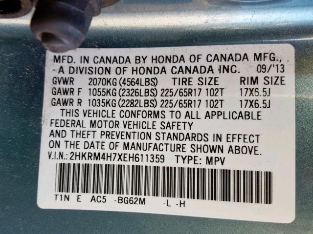 2HKRM4H7XEH611359 - 2014 HONDA CR-V EXL BLUE photo 10