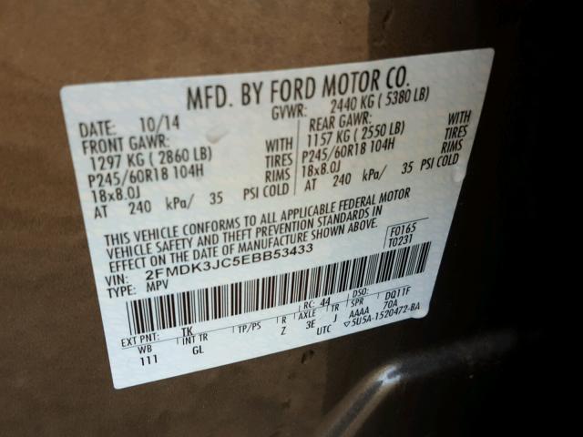 2FMDK3JC5EBB53433 - 2014 FORD EDGE SEL GRAY photo 10