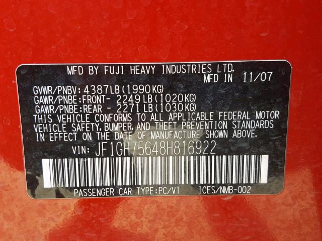 JF1GH75648H816922 - 2008 SUBARU IMPREZA WR RED photo 10