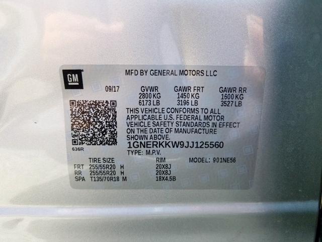 1GNERKKW9JJ125560 - 2018 CHEVROLET TRAVERSE P SILVER photo 10