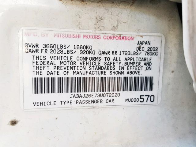 JA3AJ26E73U072020 - 2003 MITSUBISHI LANCER ES WHITE photo 10