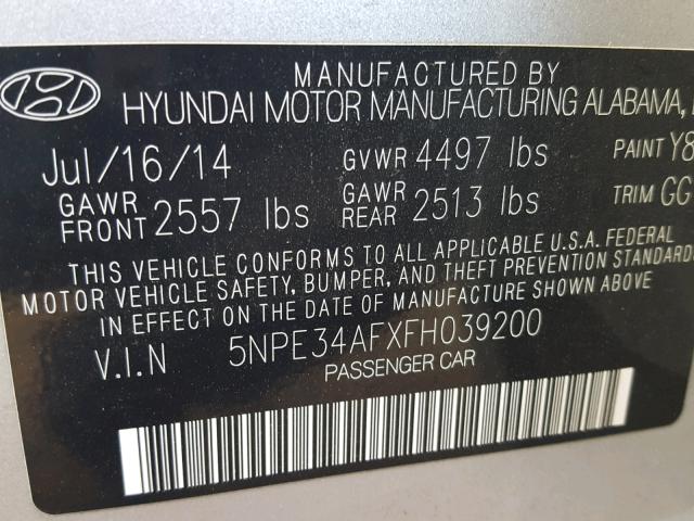 5NPE34AFXFH039200 - 2015 HYUNDAI SONATA SPO SILVER photo 10