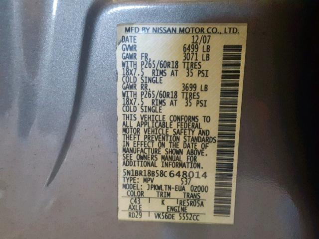 5N1BR18B58C648014 - 2008 NISSAN PATHFINDER TAN photo 10