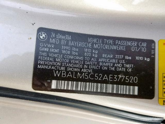 WBALM5C52AE377520 - 2010 BMW Z4 SDRIVE3 TAN photo 10