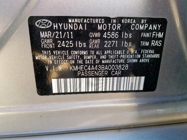 KMHEC4A43BA003828 - 2011 HYUNDAI SONATA HYB SILVER photo 10