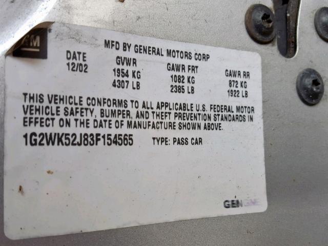 1G2WK52J83F154565 - 2003 PONTIAC GRAND PRIX SILVER photo 10