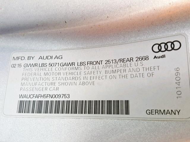 WAUCFAFH5FN009753 - 2015 AUDI A5 PREMIUM SILVER photo 10