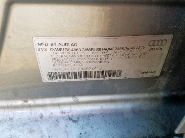 WAUAF78E08A028413 - 2008 AUDI A4 2.0T GRAY photo 10