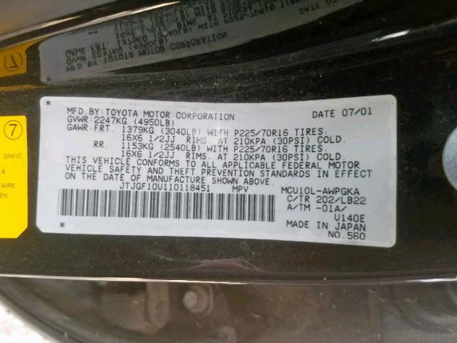 JTJGF10U110118451 - 2001 LEXUS RX 300 BLACK photo 10