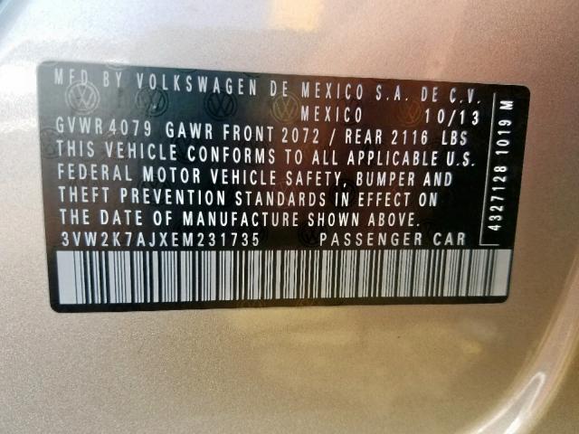 3VW2K7AJXEM231735 - 2014 VOLKSWAGEN JETTA BASE 棕色 照片 10