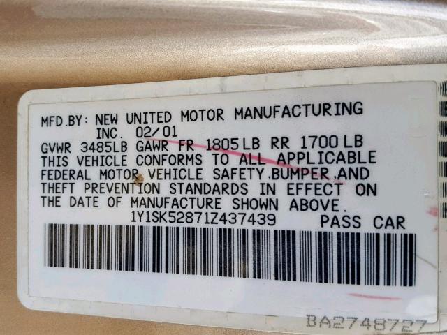 1Y1SK52871Z437439 - 2001 CHEVROLET GEO PRIZM 灰色 照片 10