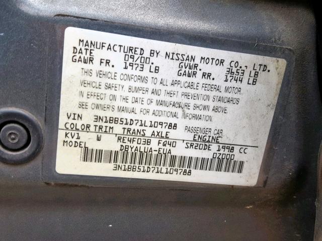 3N1BB51D71L109788 - 2001 NISSAN SENTRA SE GRAY photo 10