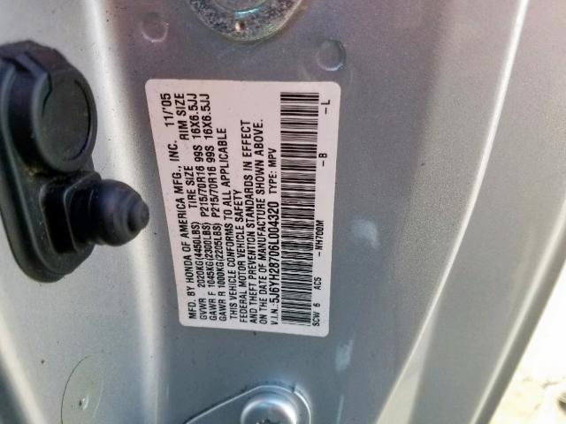 5J6YH28706L004320 - 2006 HONDA ELEMENT EX SILVER photo 10