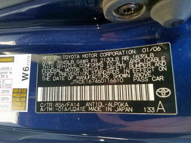 JTKDE167460116610 - 2006 TOYOTA SCION TC ლურჯი ფოტო 10