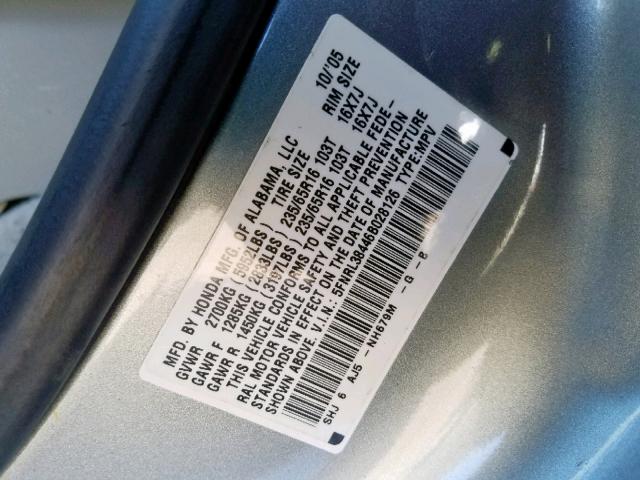 5FNRL38446B028126 - 2006 HONDA ODYSSEY EX SILVER photo 10