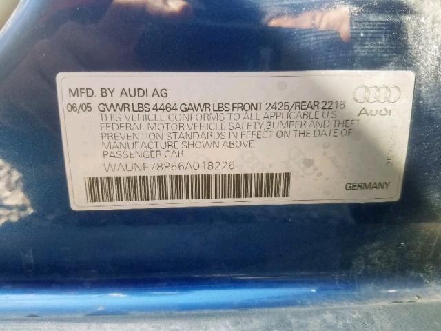 WAUNF78P66A018226 - 2006 AUDI A3 2.0 PRE BLUE photo 10