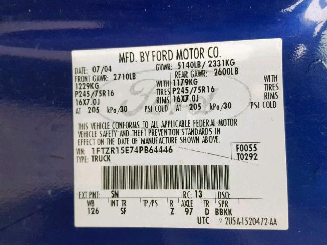 1FTZR15E74PB64446 - 2004 FORD RANGER SUP BLUE photo 10