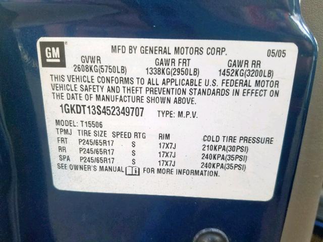 1GKDT13S452349707 - 2005 GMC ENVOY BLUE photo 10