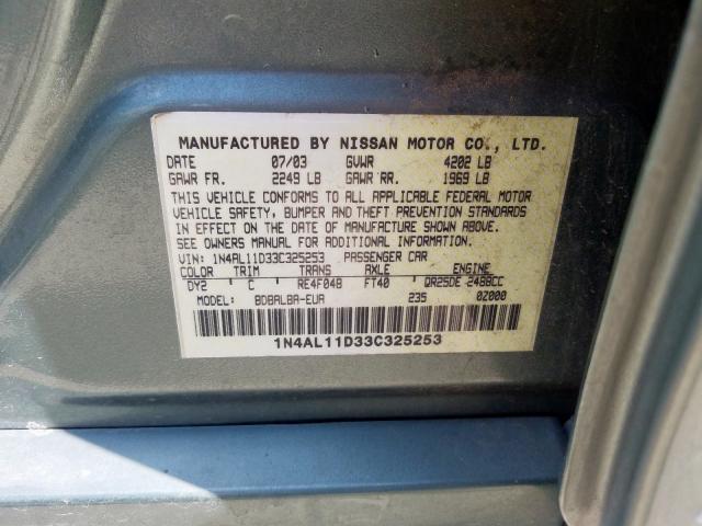 1N4AL11D33C325253 - 2003 NISSAN ALTIMA BAS TEAL photo 10