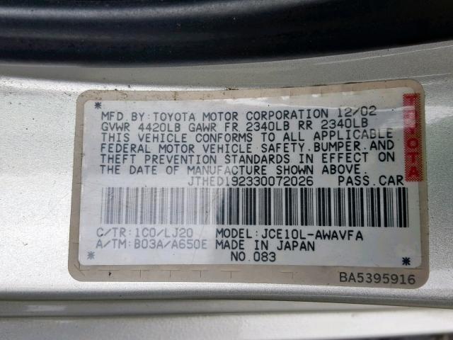 JTHED192330072026 - 2003 LEXUS IS 300 SPO SILVER photo 10