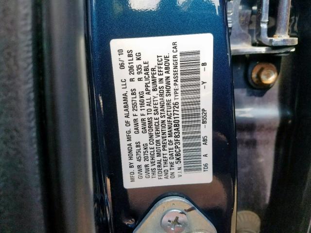 5KBCP3F83AB017726 - 2010 HONDA ACCORD EXL BLUE photo 10