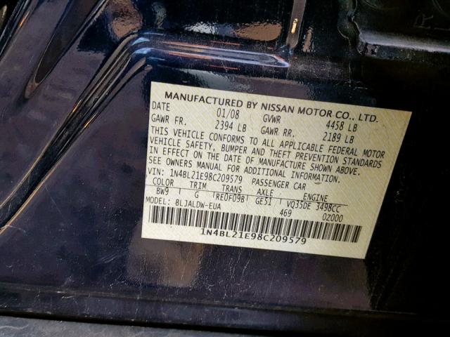 1N4BL21E98C209579 - 2008 NISSAN ALTIMA 3.5 BLUE photo 10