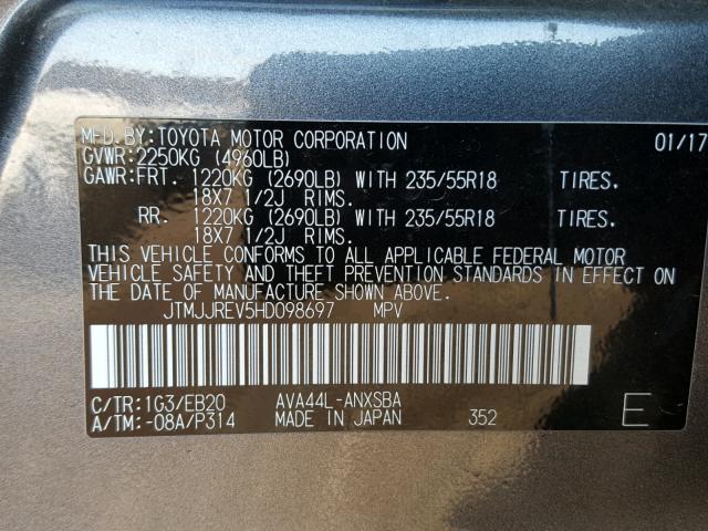 JTMJJREV5HD098697 - 2017 TOYOTA RAV4 HV SE GRAY photo 10