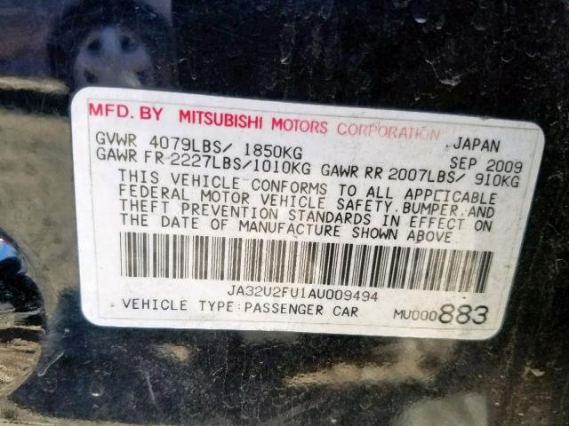 JA32U2FU1AU009494 - 2010 MITSUBISHI LANCER ES/ BLACK photo 10